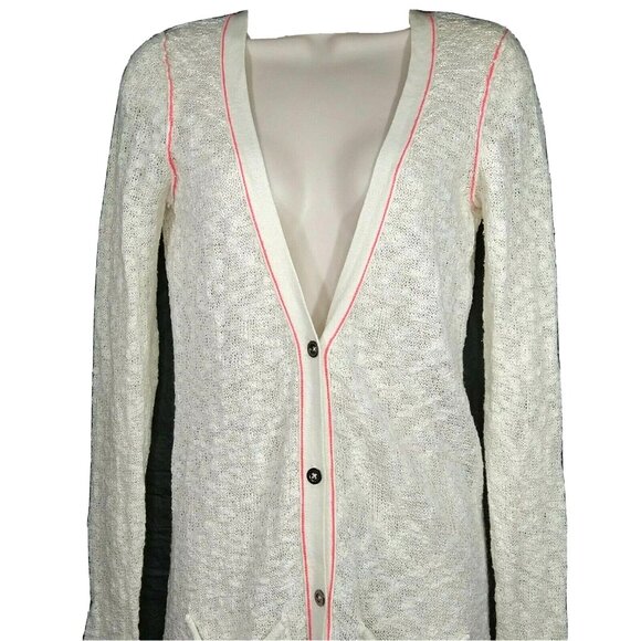 BKE Knit Cardigan Sweater Duster Button Up Women Size XS Cream Pink Pockets - Picture 2 of 7